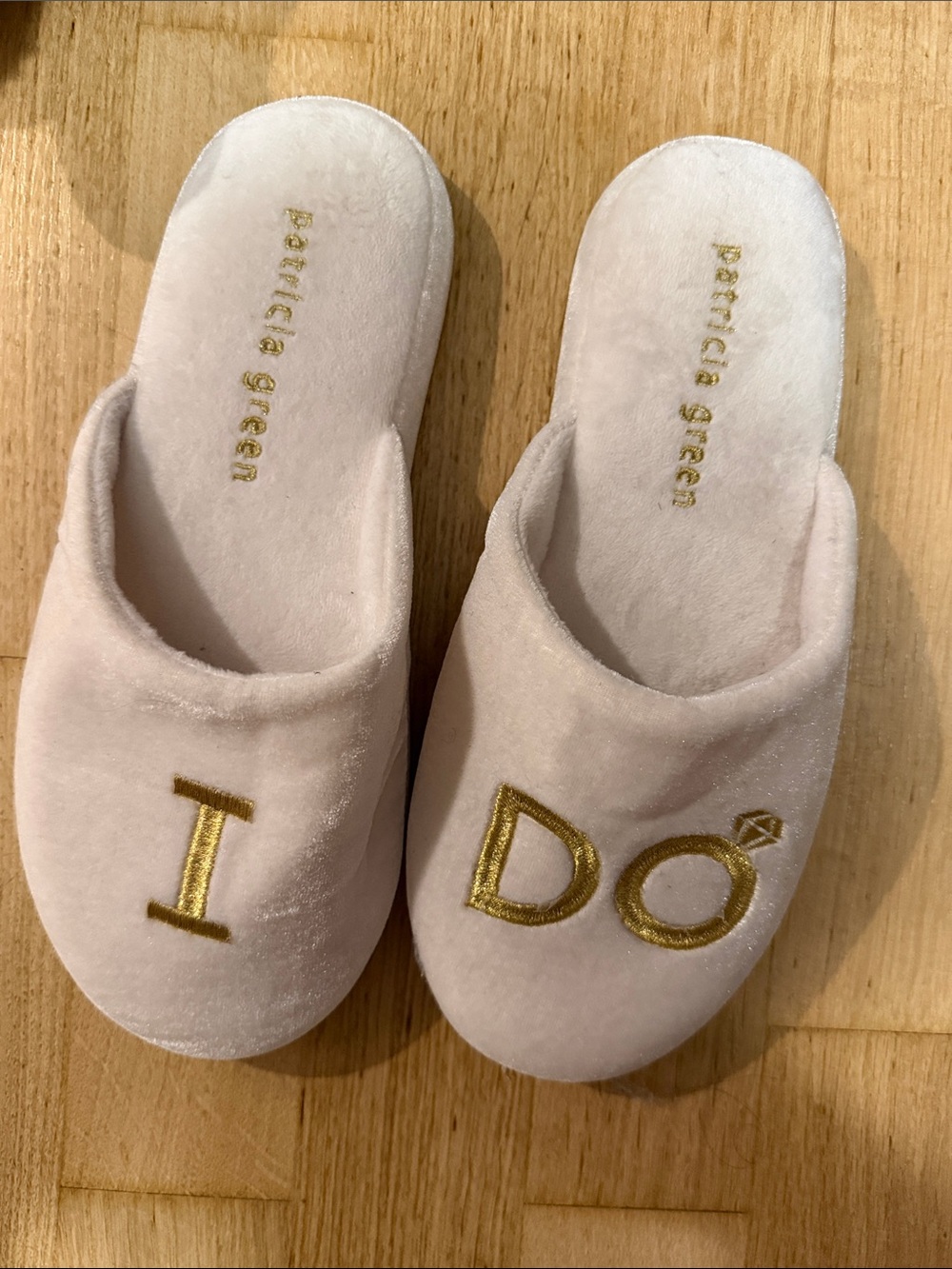 Patricia Green Velvet 'I DO' Slide Slippers in Light Pink with Gold Embroidery